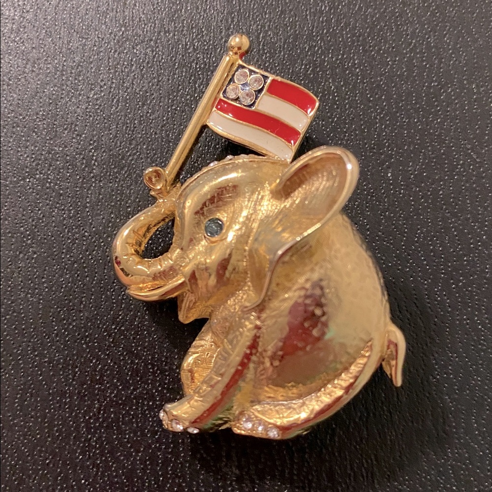 Erwin Pearl Gold Elephant Brooch with American Flag